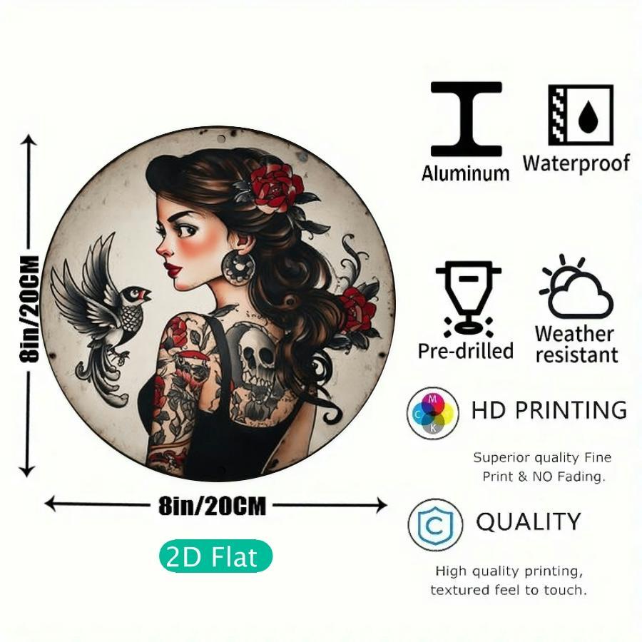 2D Flat, 1pc Style Tattoo Metal Wall Art Sign - 8x8 Inch Round Aluminum Decoration, Featuring Bold Female and Skull Designs, Red Roses and Birds - Easy to Hang, Durable and Unique - Perfect for Bars, Courtyards, Offices, and