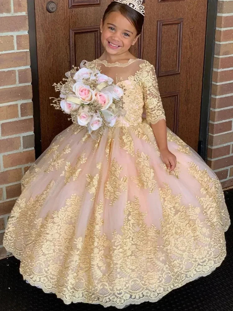 Rose Gold Lace Applique Flower Girl Dress (Floor‑Length · Princess Gown · Formal Events)