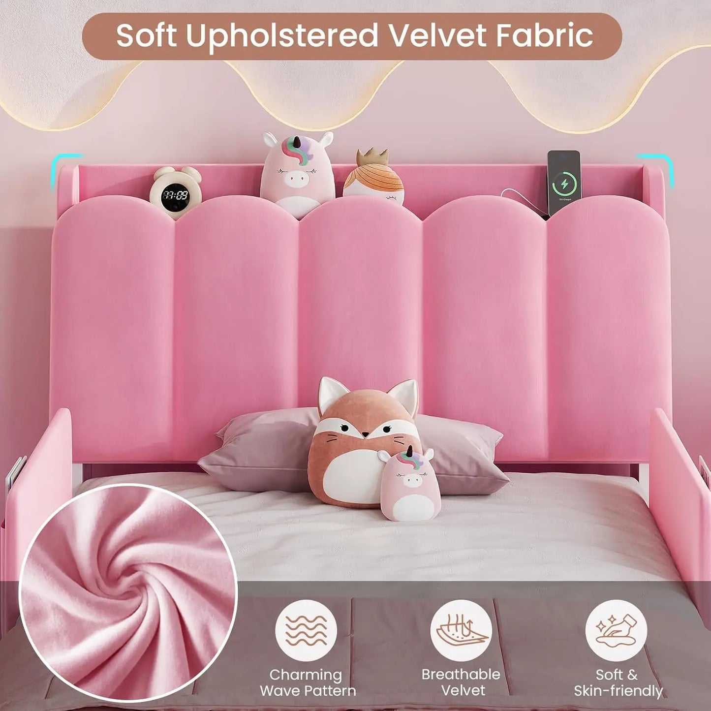 Twin Princess Bed Frame with Storage Drawer & LED Guardrails