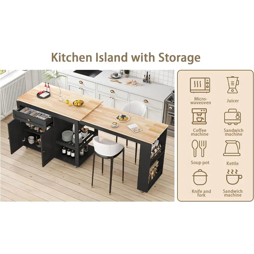 78 Rolling Kitchen Island with Extendable Dining Table or 4, Kitchen Islands on Wheels with Pull Out Table, 2-Tier Storage Shelf
