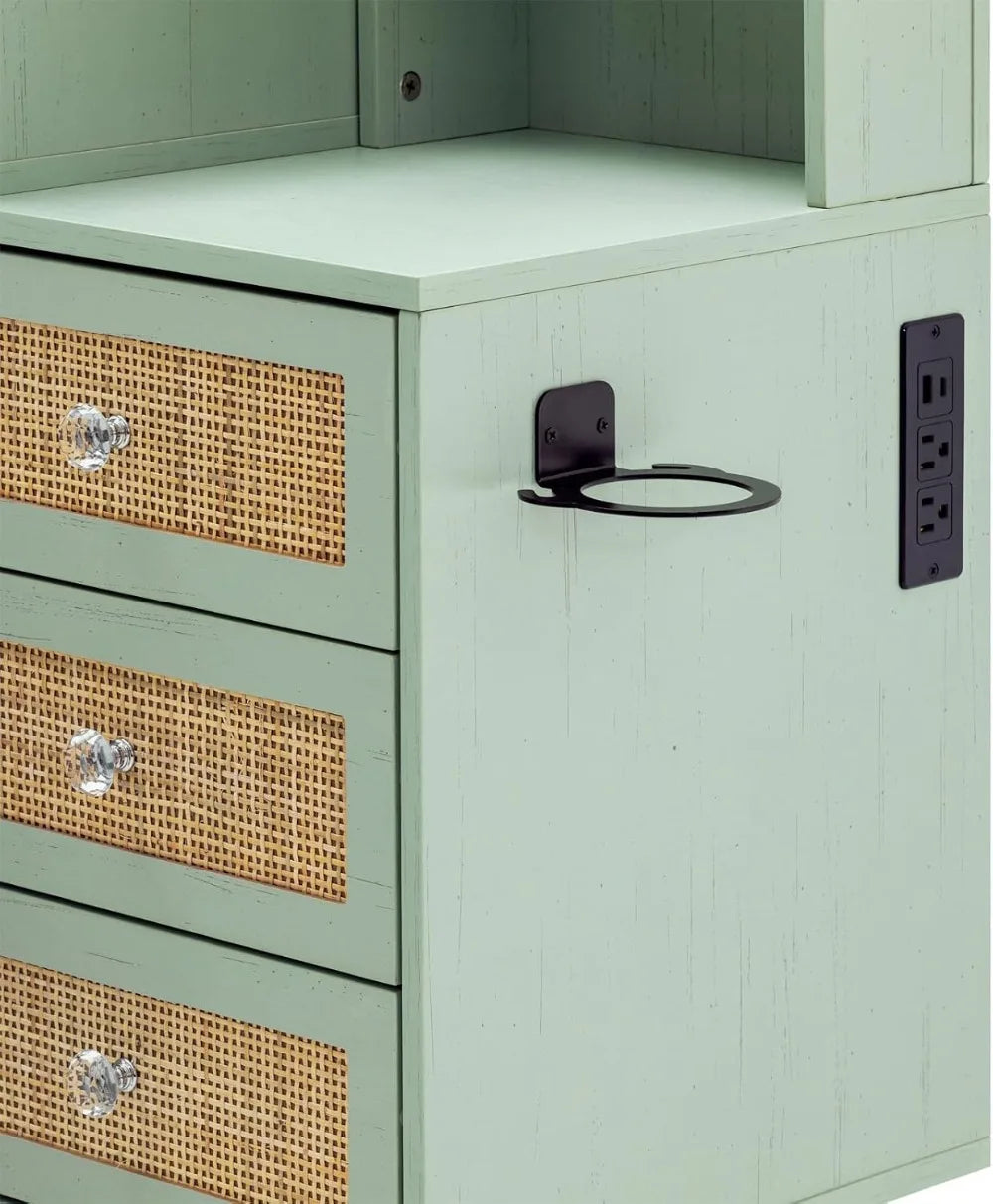 Boho Rattan Vanity with 3‑Mode LED Mirror & Stool – Mint
