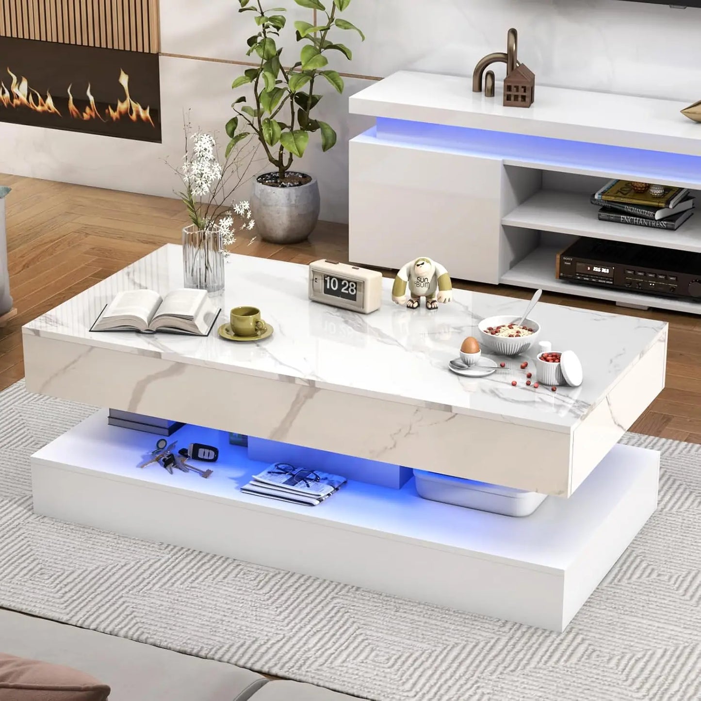 47.2" High‑Gloss LED Coffee Table with Sliding Drawers – Marble Print
