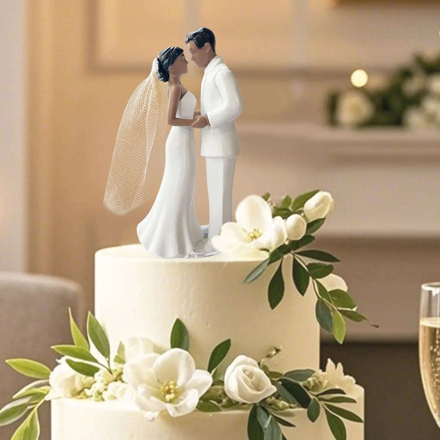 Elegant Bride & Groom Wedding Cake Plastic Topper with White Mesh Veil for Engagement Parties, Bridal Showers & Anniversaries