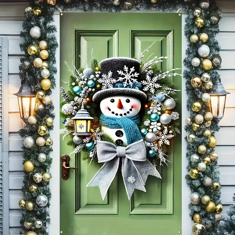 Winter Snowman Christmas Wreath Door Cover Decoration Hanging Door Banner Winter Cute Outdoor Snowman Backdrop Christ