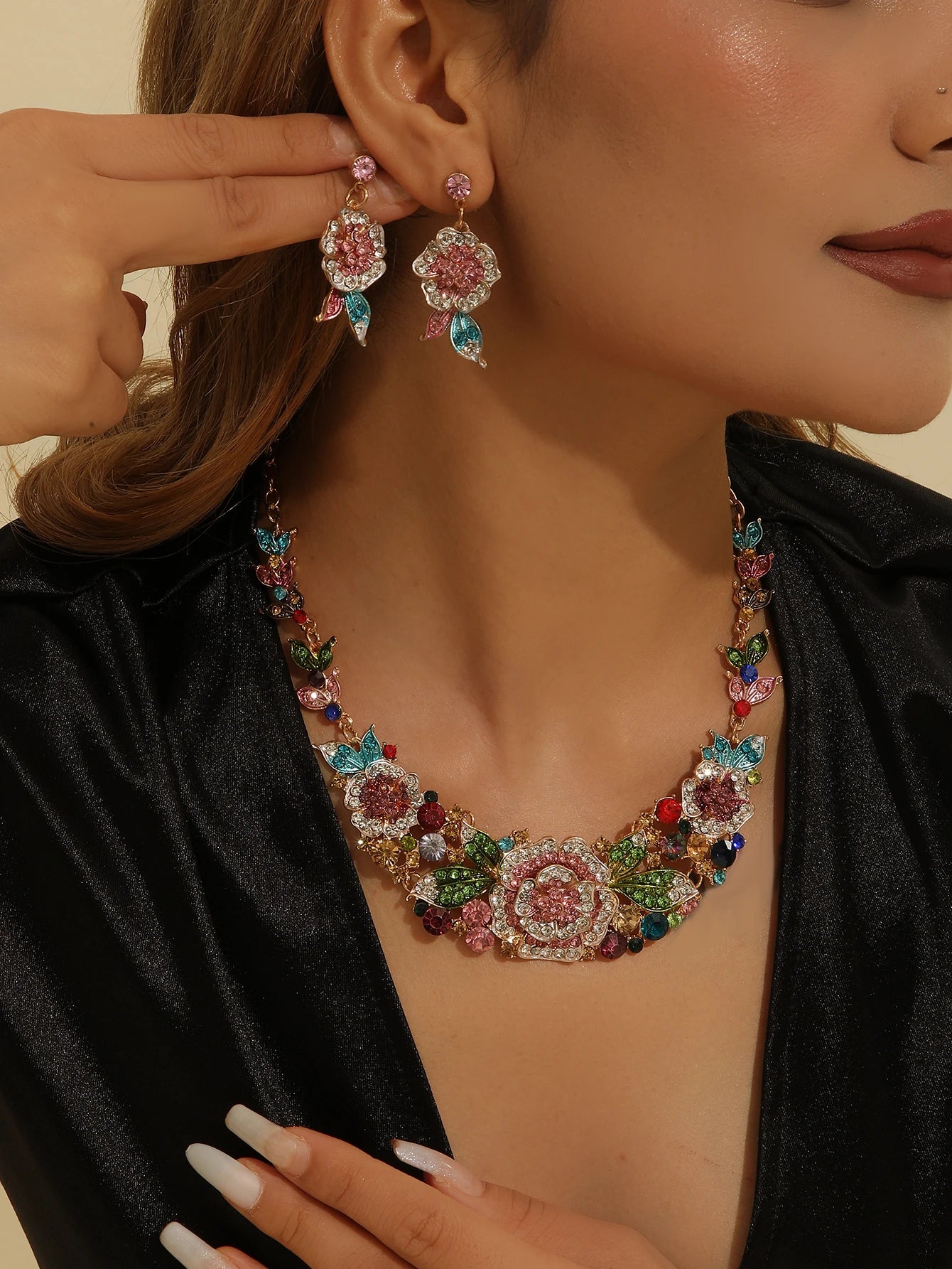 Mother’s Day Jewelry Gift:Luxury 3Pcs Rhinestone Flower Set for Women,Elegant Necklace&Dangle Earrings for Party Wedding Banquet