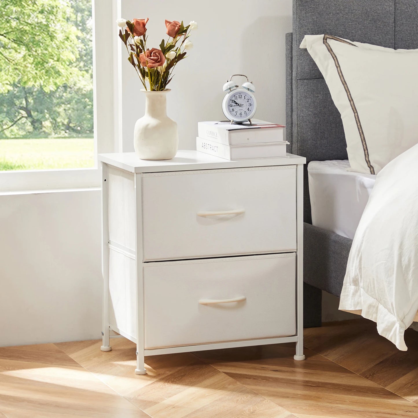 Nightstand Storage For Bedroom with 2 Fabric Drawers JHK