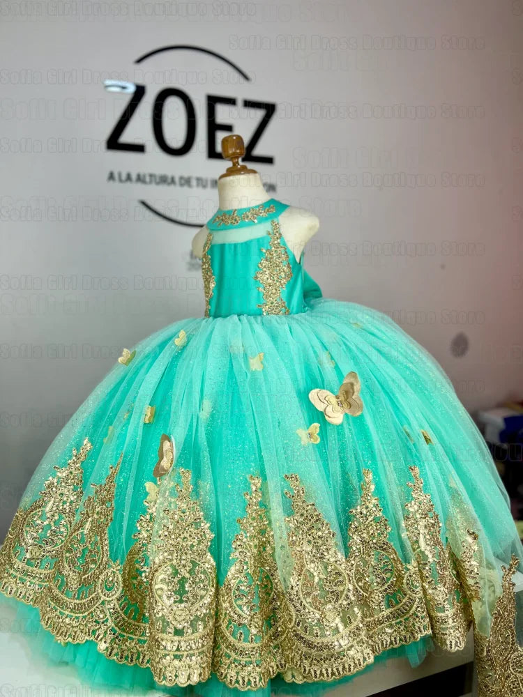 Shiny Green Tulle A‑Line Flower Girl Dress (Lace Applique · Sleeveless · Floor‑Length · Customizable)