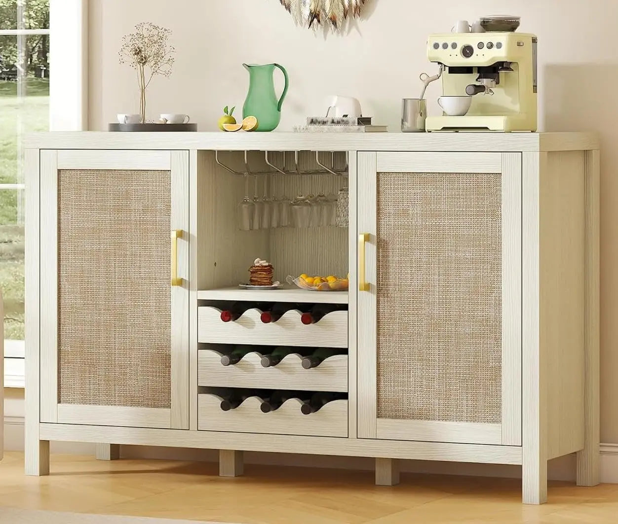 Boho Rattan Wine Bar Cabinet with Glass Holder & Drawer Racks (Custom)