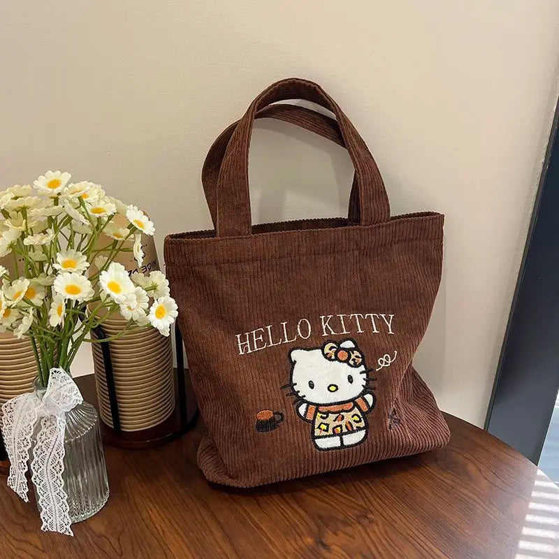 Hello Kitty Embroidered Corduroy Tote Bag (Reusable, Large Capacity, Kawaii Shoulder Handbag)