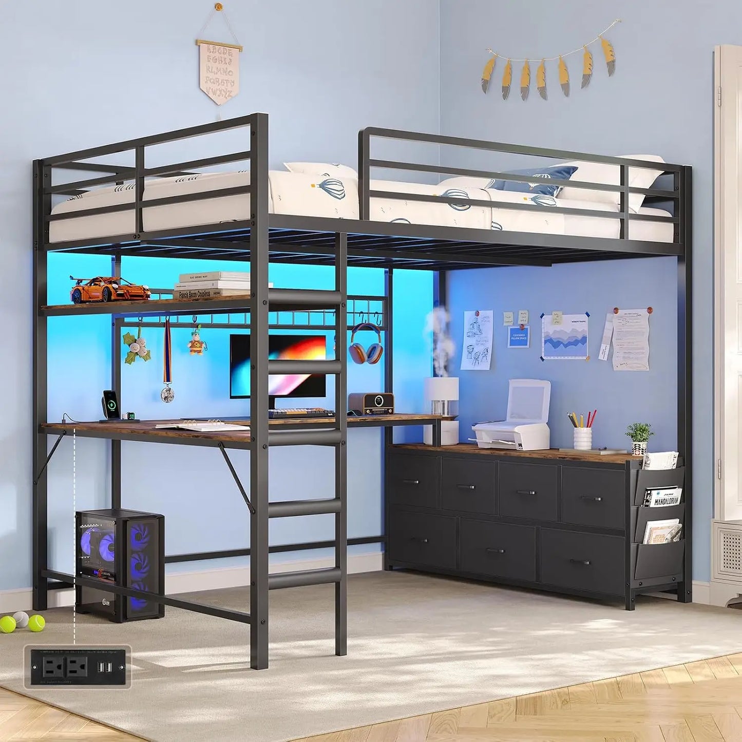 Full Loft Bed w/ U‑Desk, 7 Drawers, 2‑Tier Shelves & RGB LED — Customized