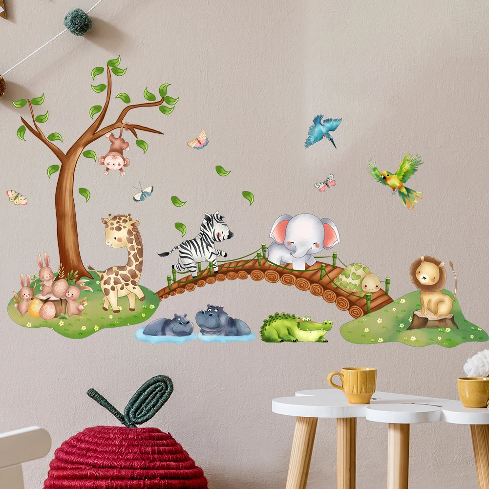 Cartoon Animal Elephant Zebra Giraffe Bridge Wall Sticker Waterproof PVC Children's Room Kindergarten Home Decoration
