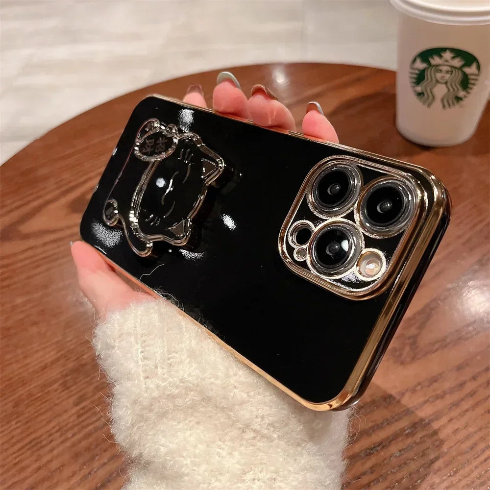 Lucky Cat Folding Stand Silicone Phone Case for iPhone 16 15 14 Pro Max 13 12 Plus XR Max 11 Luxury Plating Case