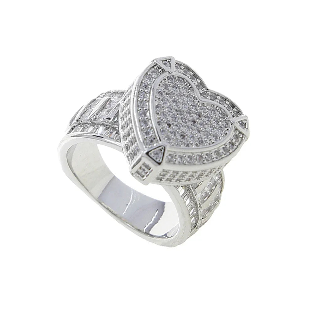Mother's Day Gift For Girlfriend Hip Hop Gold Color Iced Out 5A Heart Cubic Zirconia Heart CZ Wedding Engagement Ring