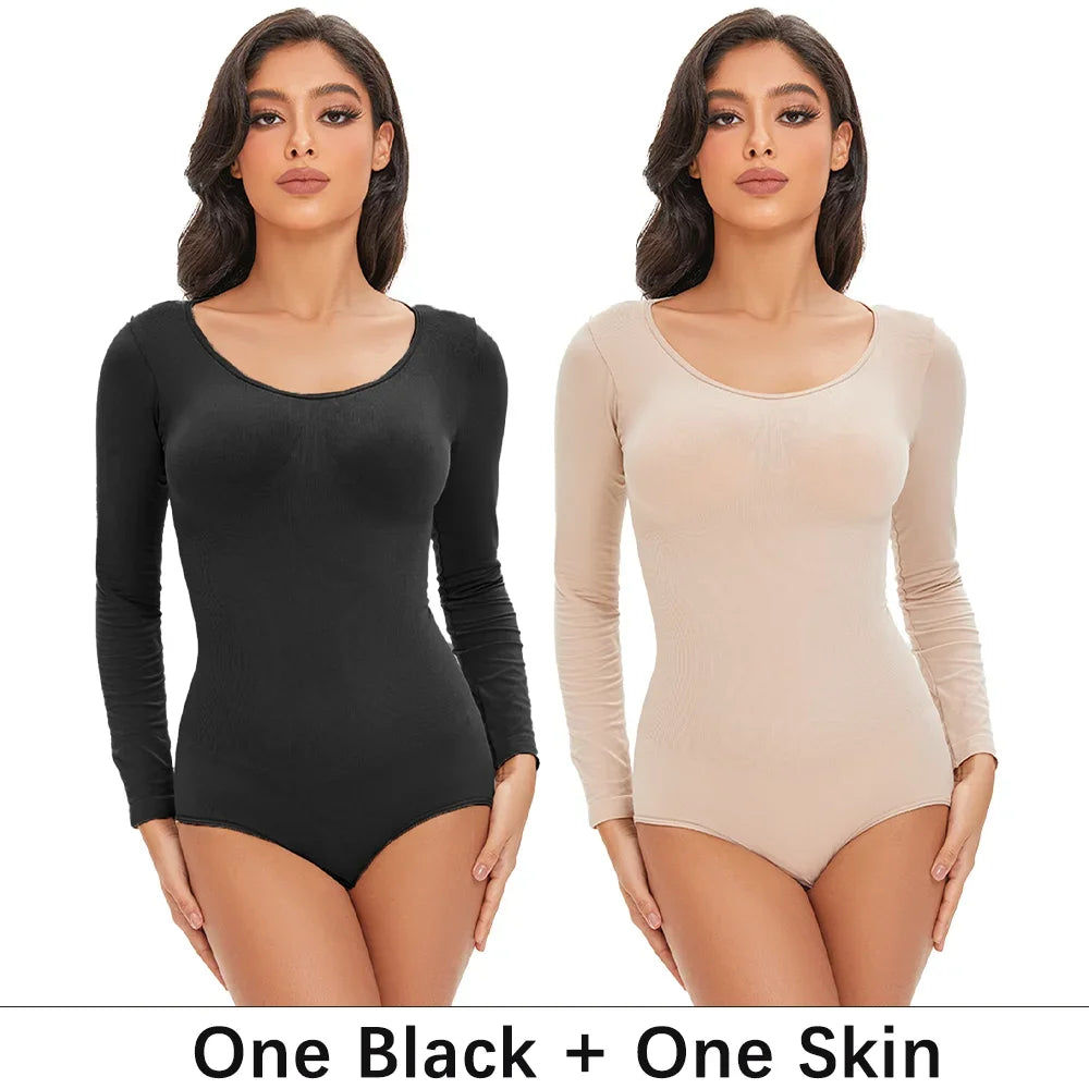Traje de cuerpo elástico de licra para mujer, control de abdomen, faja de manga larga con entrepierna abierta