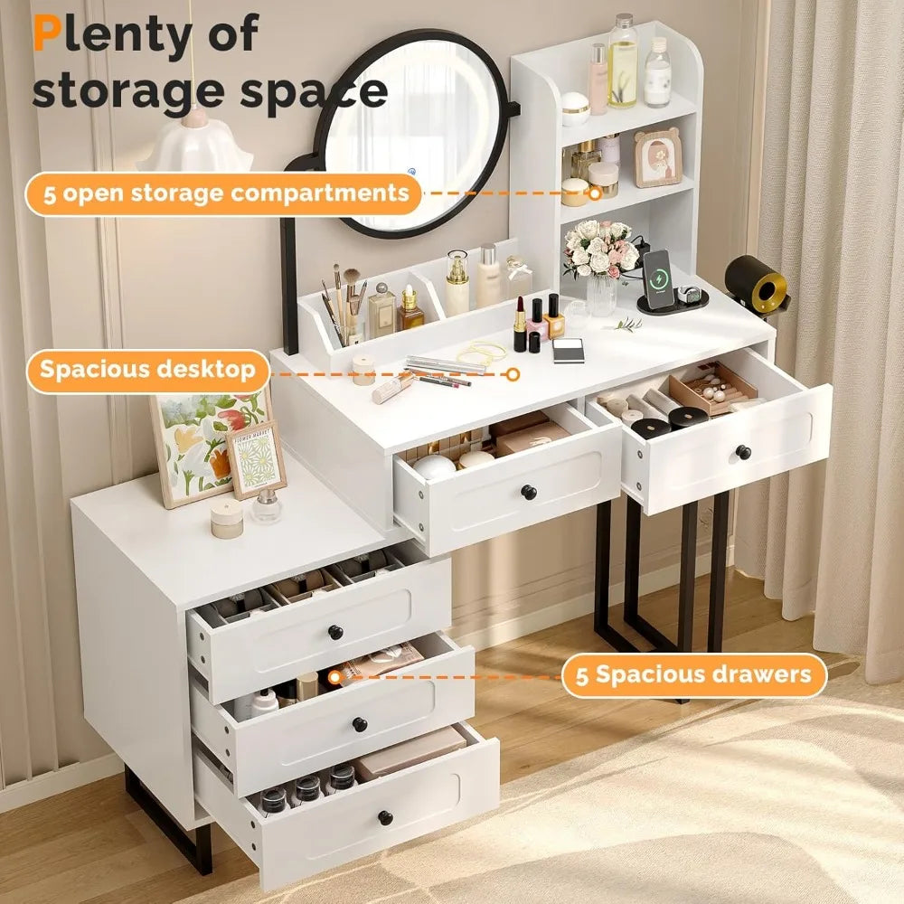 Vanity Desk — Mirror, Lights, 5 Drawers & Power Outlets