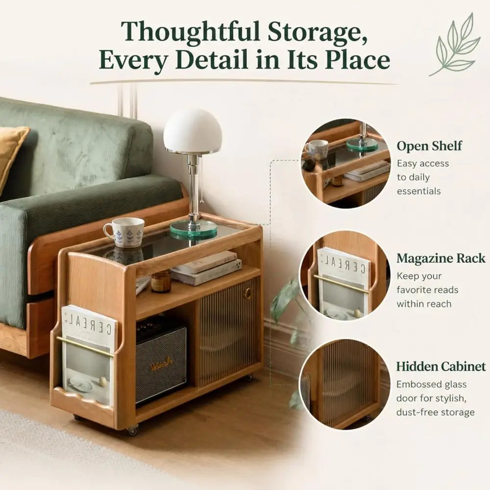 Solid Wood Side Table with Storage & Glass Door Cabinet