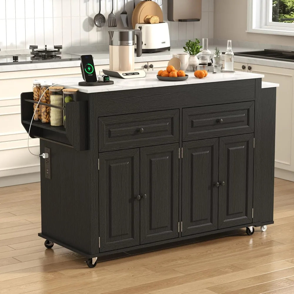 80"–48" Extendable Kitchen Island with Power Outlet & Marble Top