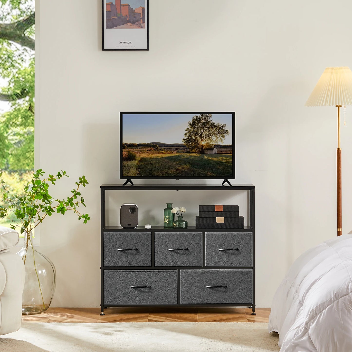 JHK Shoe Cabinet Dresser With 5 Fabric Drawers Space Saving Cabinet Home Furniture