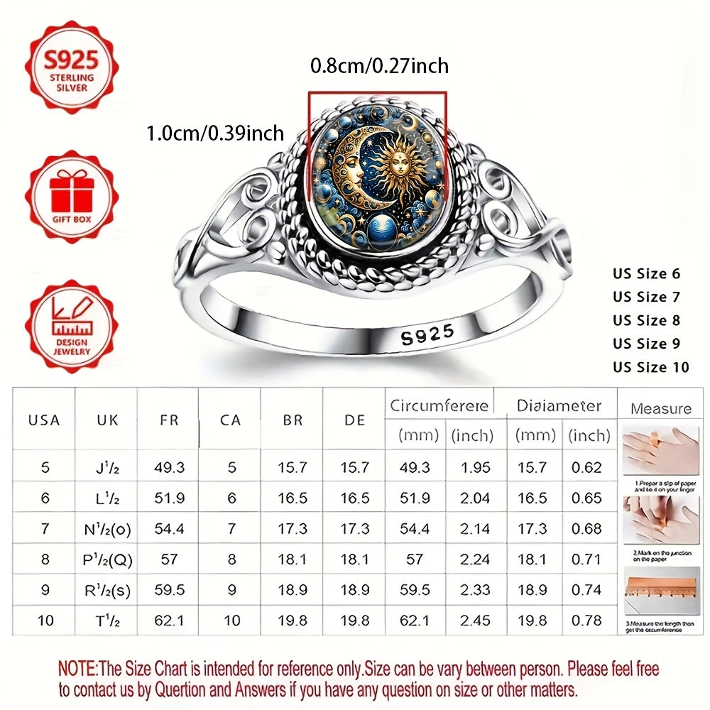 Silvery Ring, Stylish Sun, Moon, And Stars, Cosmic Wonders, Bohemian Engagement And Wedding Jewelry, Oval-Shaped Everyday Gift, Jewelry for All Seasons | Bohemian Ring | Durable Metal Ring, Seasonal Jewelry, Wedding Band, Cel