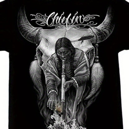 Black Plus Size T-Shirt with Stunning Bull Skull and Native American Inspired Graphic