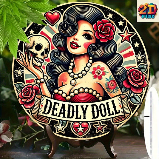 1pc Vintage Gothic Halloween Metal Sign - Deadly Doll Theme with Skull, Roses - Pre-Drilled Holes for Easy Hanging - Retro Horror Decor for Home, Bar, Cafe, Garage - Durable Aluminum Wall Art - 7, 87x7, 87 Inch (20x20cm) - Re