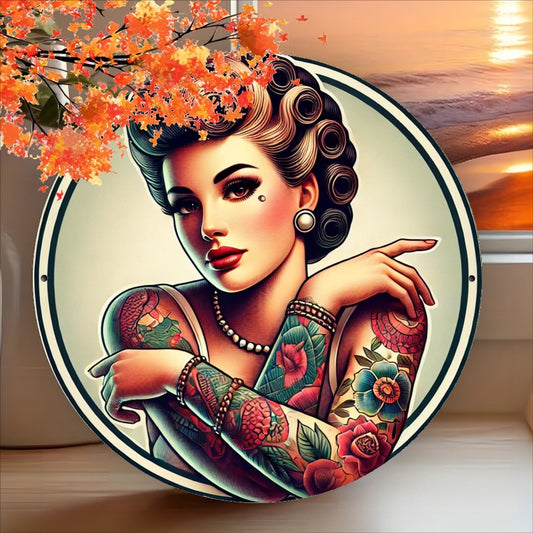 2D Flat, Vintage Tattoo Lady Metal Wall Art, 7. 8" Round Aluminum Sign for Home & Office Decor - Weatherproof, Perfect for Bathroom, Garden, Cafe, Bar, Outdoor, Restaurant, Perfect for Room Decor