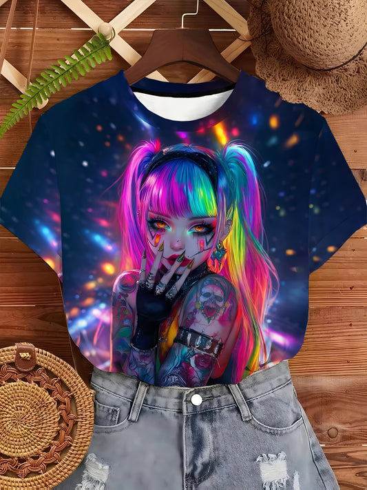 One Piece Round Neck Women'S Short Sleeved Printed T-Shirt | Full Neon Cyber Illustration, Contrasting Hairstyles, Eye-Catching, Avant-Garde Style, Trendy and Cool Attitude, Comfortable Fabric, Suitable for Spring, Summer, Au