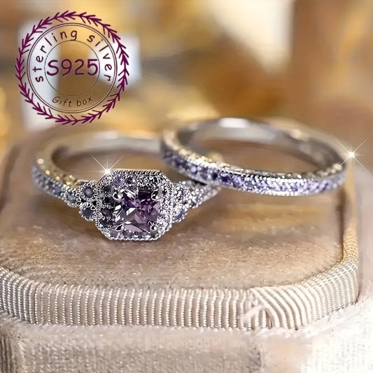 2pcs Set 925 Sterling Silvery Wedding Jewelry, Women's Fashion Creative Starry Sky Design Ring, Luxurious EngaSynthetic Gemstoneent Promise Ring Set, Heart-shaped Theme, Ideal for Weddings And Gifts
