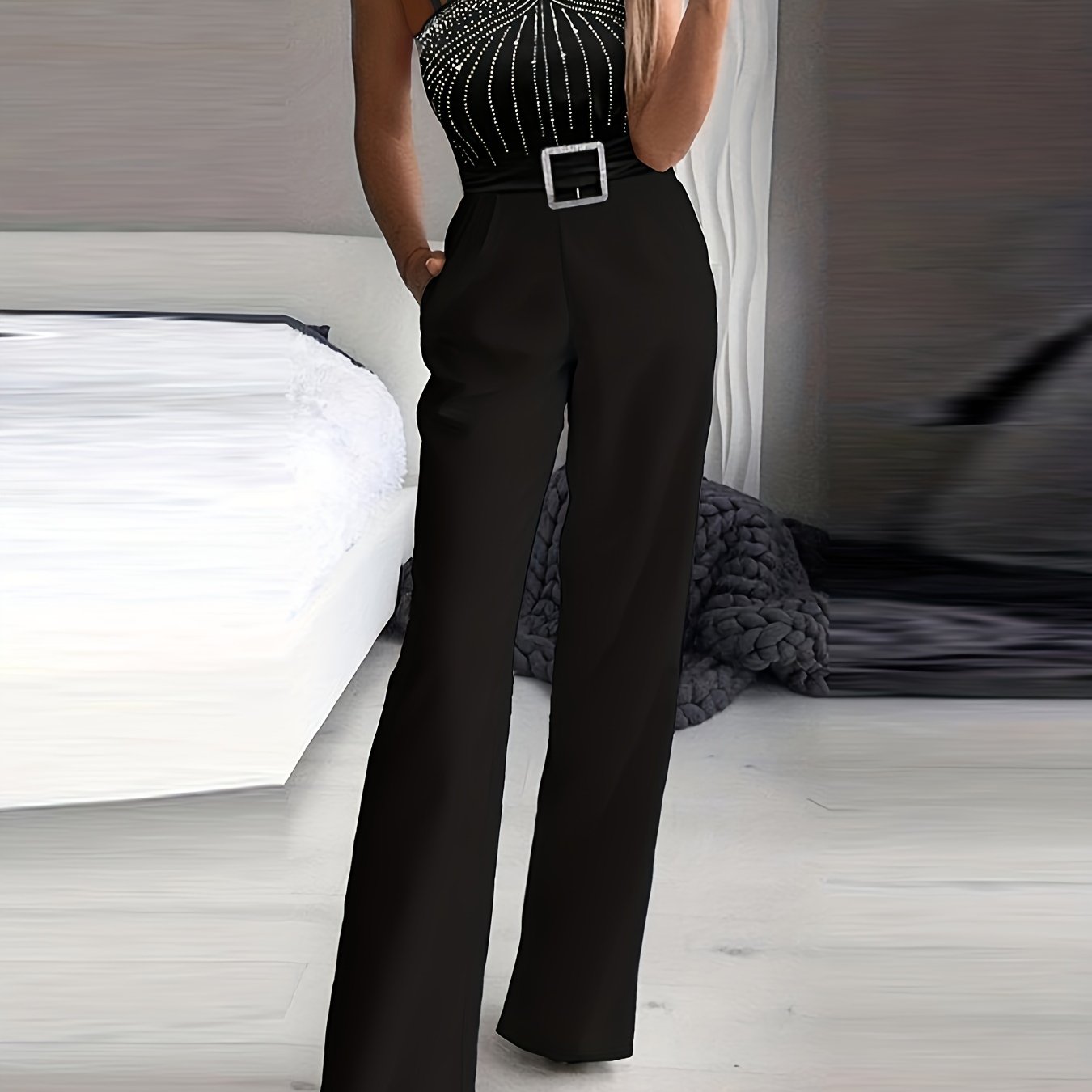 Rhinestone Embellished Wide Leg Jumpsuit - Sleeveless, Halter Neck, Slim Waist, Cut Out, Micro Elasticity, Polyester Fabric - Hand Wash, Summer Casual Wear for Women