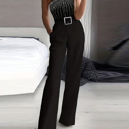 Rhinestone Embellished Wide Leg Jumpsuit - Sleeveless, Halter Neck, Slim Waist, Cut Out, Micro Elasticity, Polyester Fabric - Hand Wash, Summer Casual Wear for Women
