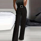 Rhinestone Embellished Wide Leg Jumpsuit - Sleeveless, Halter Neck, Slim Waist, Cut Out, Micro Elasticity, Polyester Fabric - Hand Wash, Summer Casual Wear for Women