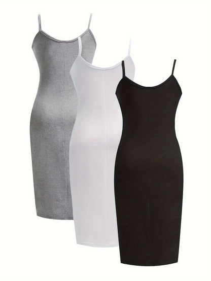 [3 Pack Plus Size Cami Dress] 3 Pack Plus Size Basic Dress Set, Women's Plus Solid Round Neck Medium Stretch Slim Fit Cami Dress Three Piece Set