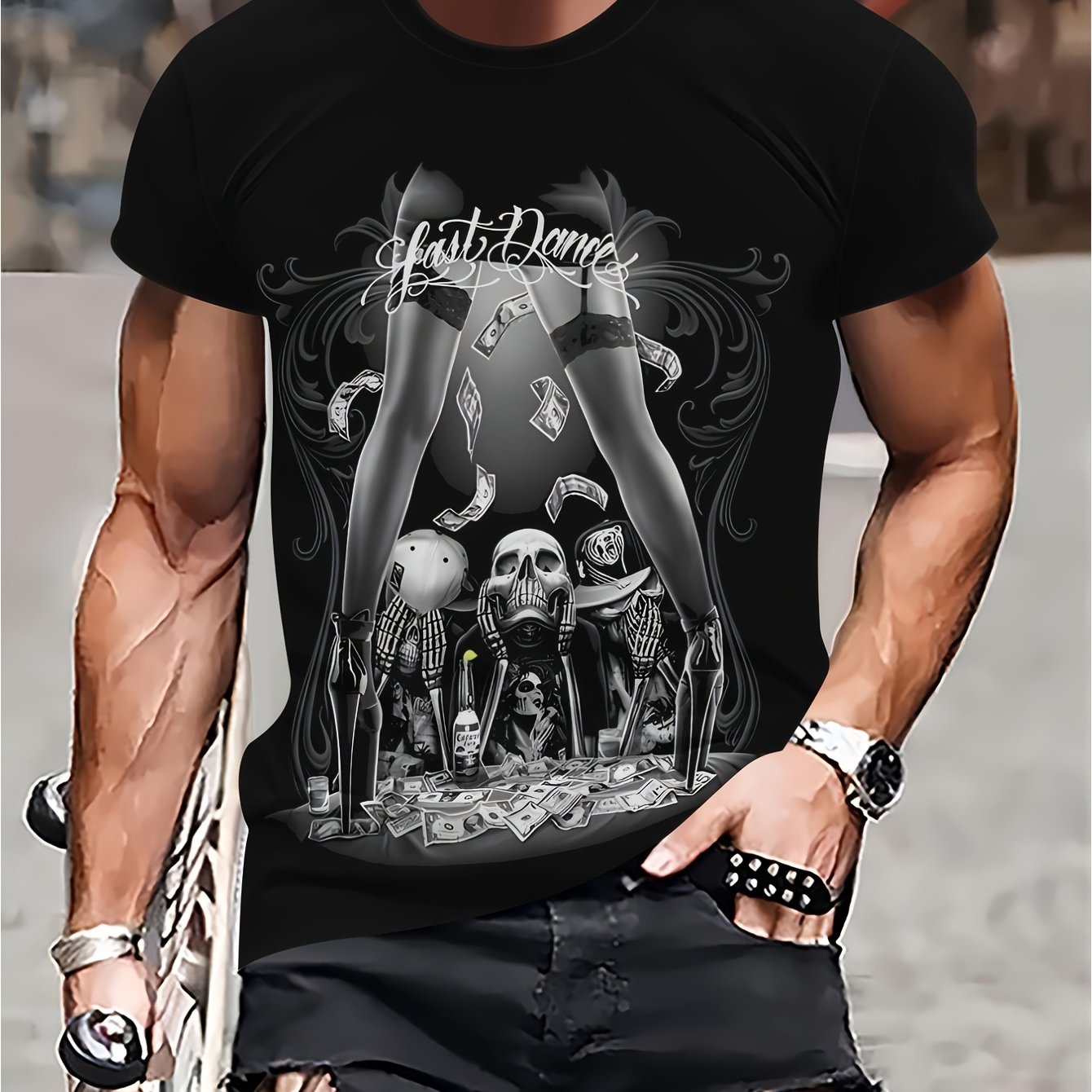 Men's 100% Cotton Gothic Skull & Religious Symbol T-Shirt - Y2K Streetwear Dark Aesthetic Top with Round Neck, Machine Washable Casual Wear Suitable for Year-Round Edgy Outfits
