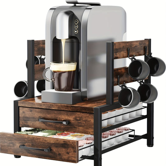 Coffee Capsule Storage Rack And Mug Holder, Double Layer Coffee Machine Stand, K Cup Holder Drawer, 70 Capacity Bean Pod Organizer, Home Kitchen Countertop Organizer, Rustic Brown