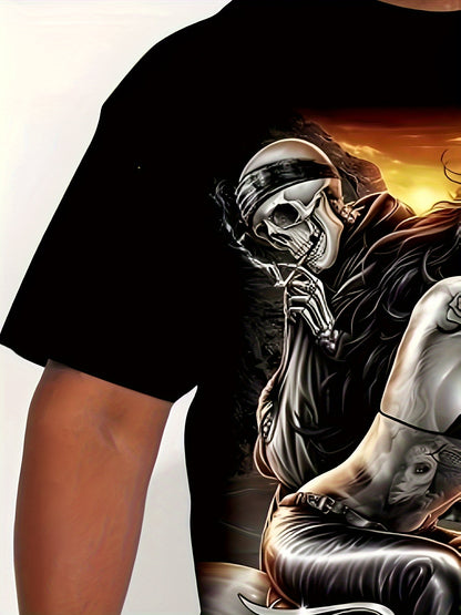 Men's Big & Tall Motorcycle Rider Graphic T-Shirt - Stretch Comfort Fit Tee with Sleeve Prints - Breathable Spandex Shirt for Motorcycle Enthusiasts - Machine Washable Biker Apparel (Plus Size Clothing), Casual Summer Wear, S