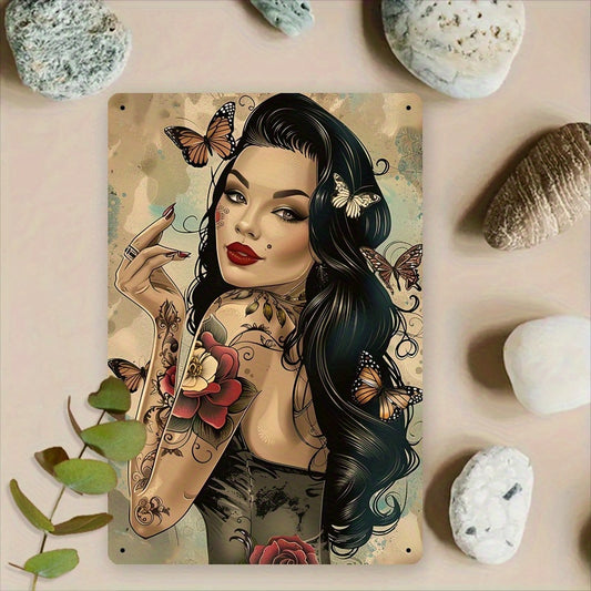 2D Flat, 1pc 12x8 Inch Aluminum Vintage Tattooed Lady & Butterflies Metal Tin Sign - Retro Wall Art Decor for Home, Office, Family, Friends - 2D Flat Decorative Plaque, No Electricity Needed, Metal Wall Decor, Home Decoration