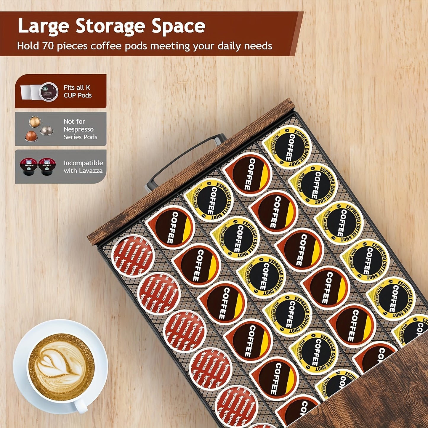 Coffee Capsule Storage Rack And Mug Holder, Double Layer Coffee Machine Stand, K Cup Holder Drawer, 70 Capacity Bean Pod Organizer, Home Kitchen Countertop Organizer, Rustic Brown