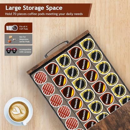 Coffee Capsule Storage Rack And Mug Holder, Double Layer Coffee Machine Stand, K Cup Holder Drawer, 70 Capacity Bean Pod Organizer, Home Kitchen Countertop Organizer, Rustic Brown