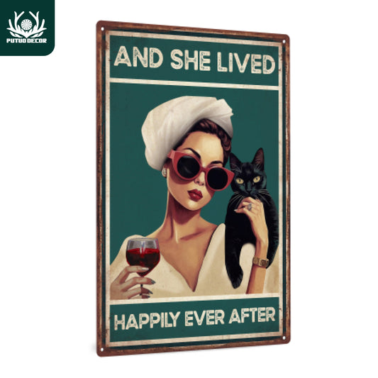 Putuo Decor 1pc Black Cat Vintage Metal Tin Sign, And She Lived Happily Ever After, Wall Art Decor for Kitchen Bar Cafe Restaurant Club, 7.8 X 11.8 Inches