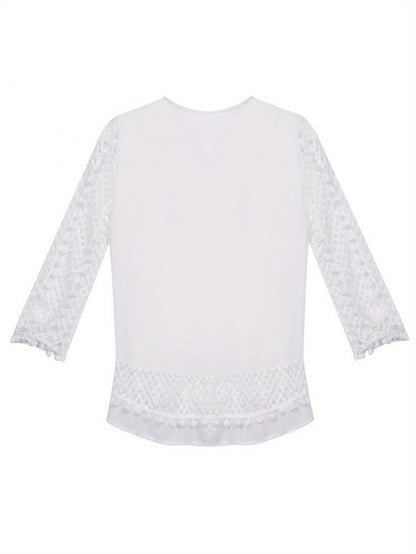 Women's V-neck Crochet Hollow Out Top 3/4 Sleeve Pullover Shirt Summer Fall Blouse T-Shirt