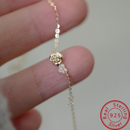 925 Sterling Silver Love Heart Rose Flower Thin Chain Bracelet Inlaid Shiny zirconia Elegant Hand Chain Bracelet
