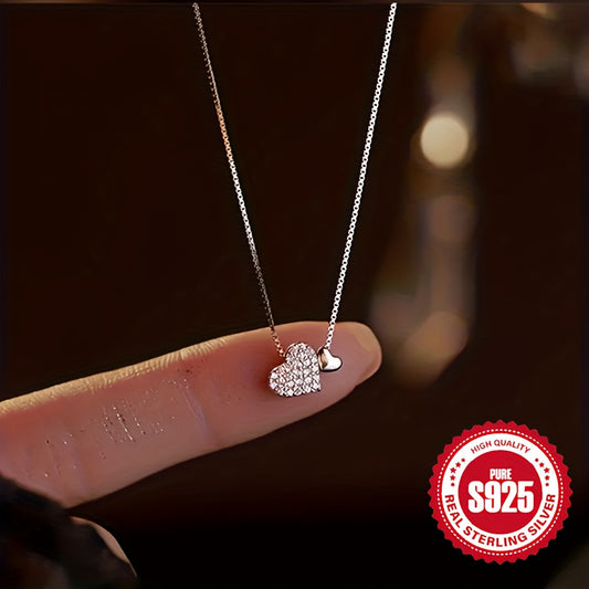 925 Silver Heart-Shaped Pendant Necklace, Luxurious Women'S Collarbone Chain - Cute/ Bohemian Style, Suitable for Daily Wear Gatherings, Love, Simple, Necklace for Women High Quality, Simple Necklaces for Women, Long Necklace