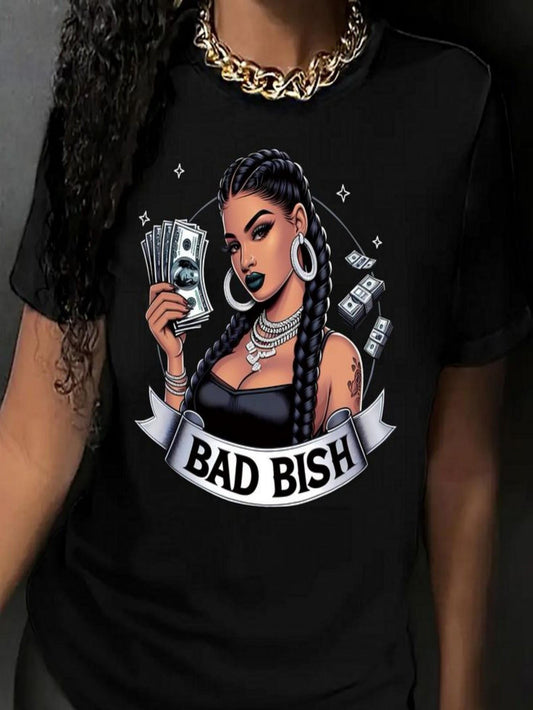 Women's BAD BISH Money Motif Graphic Tee - Black T-Shirt with Bold Money Bags & Text Design, Lightweight 180gsm Glossy Fabric for Everyday & Formal Outfits - Empowering Female Fashion Top, Ladies T-shirts, Casual Wear, Trendy