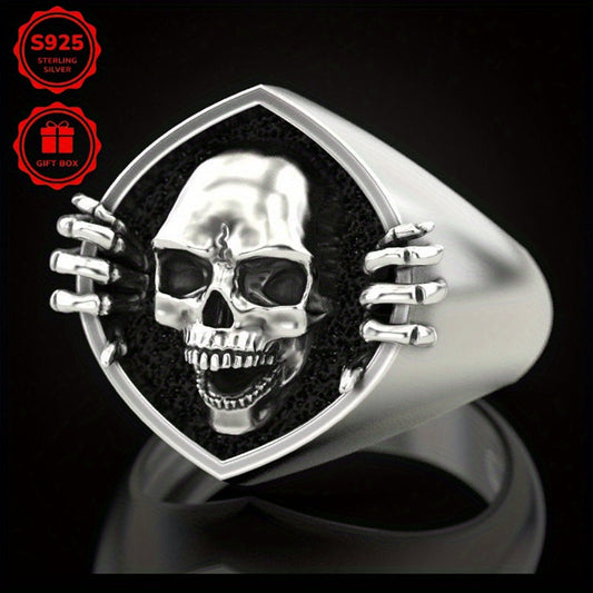925 Sterling Silver Hypoallergenic High-quality Retro Punk Style Skull Head Men's Ring, Domineering and Exaggerated Shiny Ring, Versatile and Trendy Street Wear Matching Ring Jewelry Gift Box Packaging, Men's Fashion Accessor