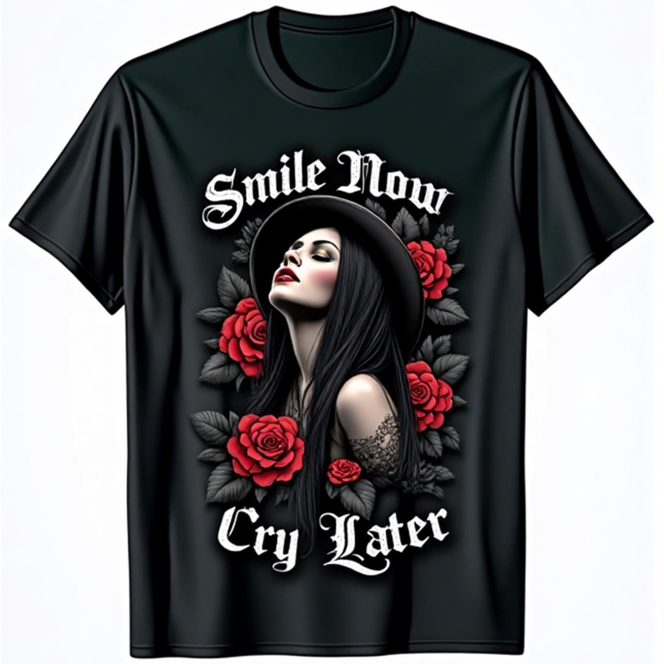 Men's Gothic "Smile Now Cry Later" Graphic T-Shirt - Dark Theme Tee with Red Roses - Everyday & Special Occasion Shirt - Machine Washable Casual Top for Men, Music Fan Apparel, Medium Elasticity Fabric