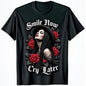 Men's Gothic "Smile Now Cry Later" Graphic T-Shirt - Dark Theme Tee with Red Roses - Everyday & Special Occasion Shirt - Machine Washable Casual Top for Men, Music Fan Apparel, Medium Elasticity Fabric