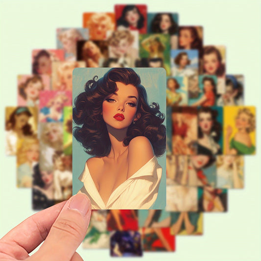 50pcs Vintage Retro Lady Graffiti Stickers - Reusable Self-Adhesive Decals with Mixed Colors & Irregular Shapes, Artistic Cartoon Illustrations for Laptops, Phones, Cars, Water Bottles, Scrapbooks - Perfect for Party Favors,