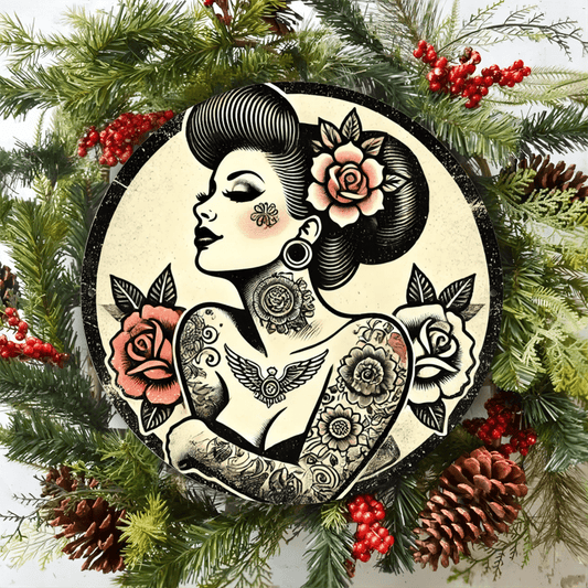 Vintage Tattoo Girl Metal Wall Art – 7.8×7.8in Round Aluminum Sign for Indoor & Outdoor Décor, Perfect for Bars, Cafes & Room Accents