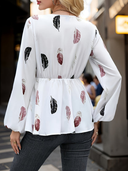 Floral Print Surplice Neck Blouse, Elegant Tie Waist Lantern Sleeve Blouse For Spring & Fall, Women's Clothing