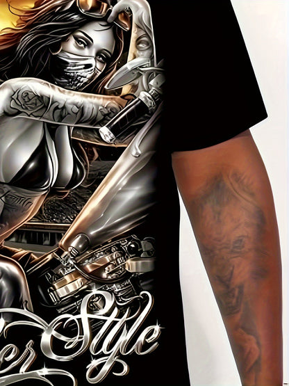 Men's Big & Tall Motorcycle Rider Graphic T-Shirt - Stretch Comfort Fit Tee with Sleeve Prints - Breathable Spandex Shirt for Motorcycle Enthusiasts - Machine Washable Biker Apparel (Plus Size Clothing), Casual Summer Wear, S